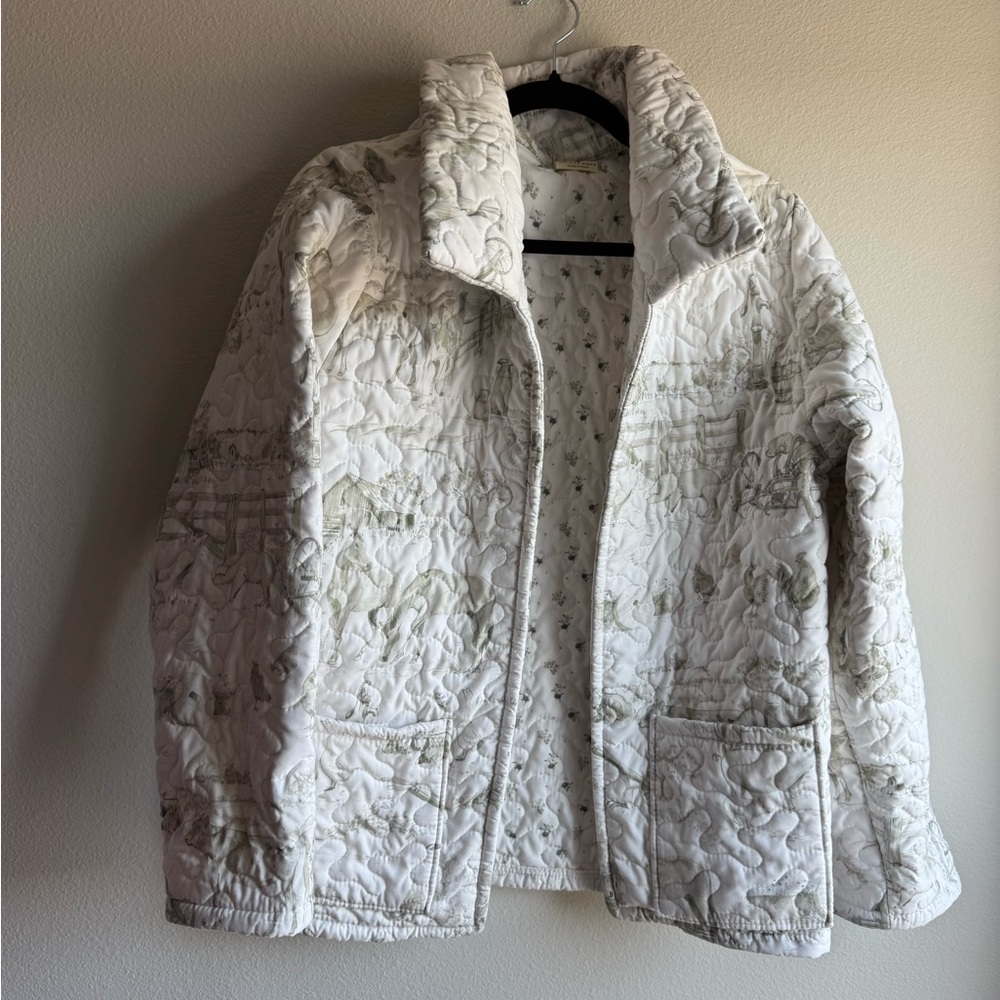 Aledo Toile Linen Quilted Jacket Farm Pattern Green White S/M - Picture 3 of 6